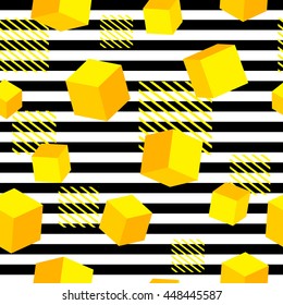 Striped geometric seamless pattern, trendy memphis cards design. 1980s retro background template. Vector eps 10 format.
