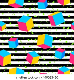 Striped geometric seamless pattern, trendy memphis cards design. 1980s retro background template. Vector eps 10 format.