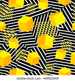 Striped geometric seamless pattern, trendy memphis cards design. 1980s retro background template. Vector eps 10 format.