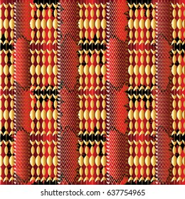 Striped geometric seamless pattern. Tribe red black  background with gold 3d stripe zigzag ornaments, shapes, stripes, figures.Vector tribal  texture in memphis style. Perfect for fabric, prints.