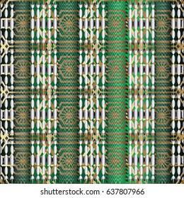 Striped geometric seamless pattern. Tribe green  background with gold 3d stripe zigzag ornaments, shapes, stripes, figures.Vector tribal  texture in memphis style. Perfect for fabric, prints.