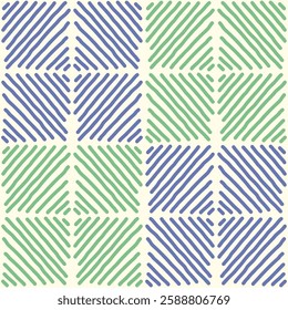 Striped geometric vector seamless pattern. Modern abstract repeat design with hand drawn diagonal purple and green wobbly lines forming square grid on light background for textile, wallpaper, package
