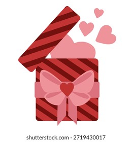 Caja de regalo a rayas con Grande lazo rosa y corazones voladores. Ilustración romántica del día de San Valentín ideal para tarjetas de amor, Anuncios festivos, invitaciones, empaques y diseños promocionales