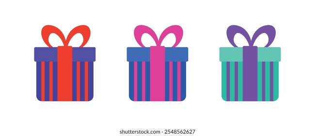 Striped gift box. Gift box set with blue, cyan color for holiday celebration, special sales offer, birthday celebration. Gift box with wrapping paper and ribbon bow.