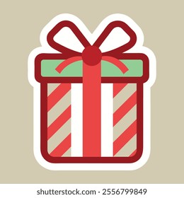 Striped Gift Box Sticker with Bow Festive Design for Christmas and Holiday Celebrations