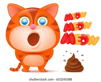 Striped ginger cat cartoon character with bunch of poop