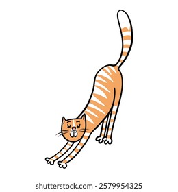 A striped ginger cat stretches after sleep. Vector illustration