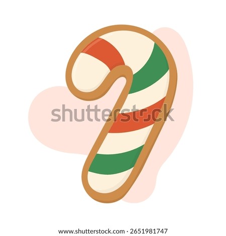 Striped gingerbread candy cane in red, white and green, candy decorated in festive flat style, candy ideal for holiday illustrations and sweet-themed design.