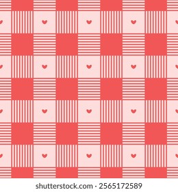 Striped Gingham Pattern with Hearts in Coral and Pink Valentines Day seamless pattern Square vector backdrop, wedding, packaging, wrapping paper, wallpaper, fabric, textile, holiday template