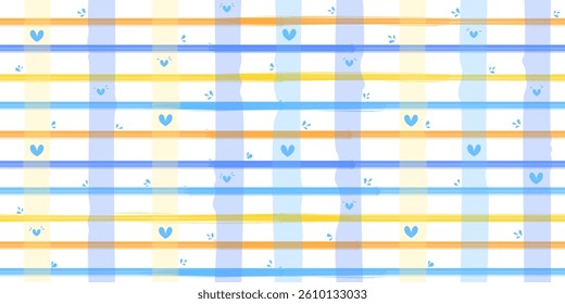 Striped Gingham Pattern with Hearts seamless pattern Square vector backdrop, packaging, wrapping paper, wallpaper, fabric, textile.