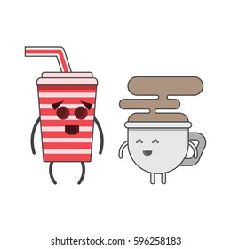 striped glass and cup, soda and coffee, fragrant tea, cheerful character, smile, liquid, vector image, flat design, outline style