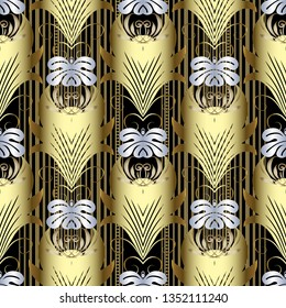 Striped gold Baroque 3d vector seamless pattern. Ornamental luxury floral background. Vertical stripes, lines. Golden flowers, leaves. Ornate repeat backdrop. 3d wallpaper. Elegance decorative design