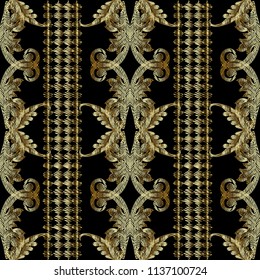 Striped gold Baroque embroidery vector seamless pattern. Abstract ornamental grunge background. Tapestry antique ornaments with vertical stripes, borders, flowers, leaves. Embroidered 3d texture.