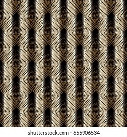Striped  gold seamless pattern background wallpaper illustration with line art tracery lace circles, black stripes and modern ornaments. Vector surface texture for fabric, prints, textile, cover.