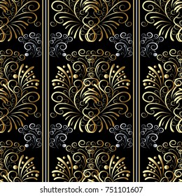 Striped golden floral seamless pattern. Black flourish vector background with gold silver  hand drawn vintage flowers, swirl leaves, stripes, polka dots, line art tracery damask ornaments.