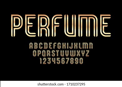 Striped golden font sans serif, alphabet from two metallic stripes, capital Latin letters from A to Z and Arab numbers from 0 to 9 for you designs, vector illustration 10EPS