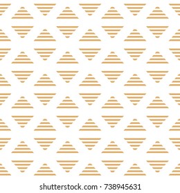 Striped golden triangles of rhombus. Seamless pattern. Isolated on white background. Vector minimalistic illustration.