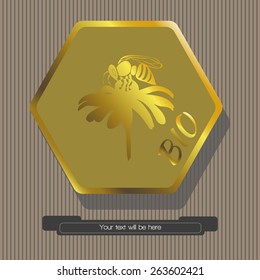 Striped gray background depicts a green hexagon, inside of which is shown sitting on a flower bee, right inscription BIO