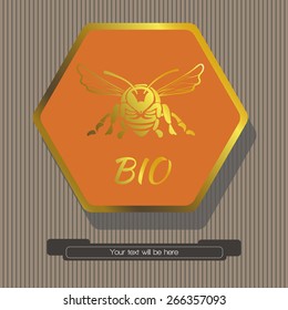 Striped gray background orange hexagon with gold edges, inside of which depicts a golden bee, bee under letters BIO under hexagon text banner