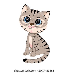 Striped gray cat, cute pet. Vector Illustration for printing, backgrounds, covers, packaging, greeting cards, posters, stickers, textile, seasonal design. Isolated on white background.