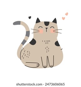 Сute striped gray cat isolated on white.Can be used for t-shirt print, stickers, greeting card design. Vector
