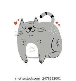 Сute striped gray cat isolated on white.Can be used for t-shirt print, stickers, greeting card design. Vector