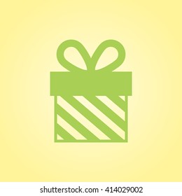 Striped green gift box on yellow background. Vector illustration