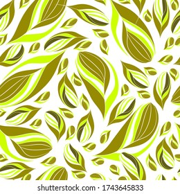 Striped  green petals on a white background. Vector seamless pattern. Design for cloth, print, card, wrapping. 