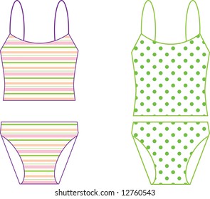 a striped and a green polka dotted bathing suit