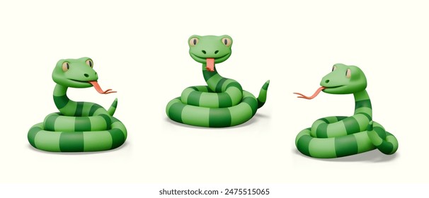 Striped green snake. Realistic reptile with protruding tongue. Wild animal, predator