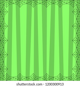 Striped green square background with cute vertical stripes framed with spider coweb. Vector background, flyer, Halloween invitation or greeting card template with empty copy space for text.