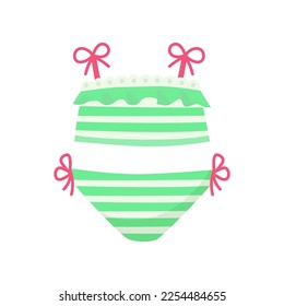 Striped green swimsuit for children vector illustration. Cartoon drawing of colorful swimming suit for babies or kids isolated on white background. Summer, fashion, childhood concept