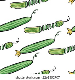 Striped green whole and sliced cucumbers on a transparent background. Endless cucumber pattern vector illustration