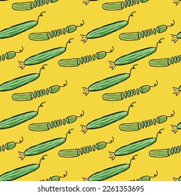Striped green whole and sliced cucumbers on a yellow background. Endless cucumber pattern vector illustration