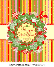 Striped greeting for winter holidays with paper wreath