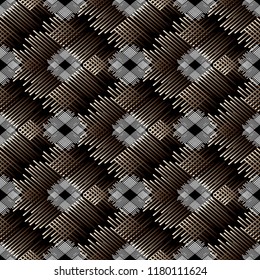Striped grid lattice abstract 3d vector seamless pattern. Textured geometric modern background. Surface texture. Geometry shapes, radial stripes, lines, figures. Creative ornate design for wallpapers