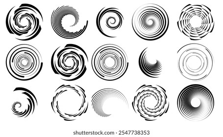 Elementos redondos de meio-tom listrados, torções, texturas circulares de meio-tom com listras, tornado de meio-tom radial
