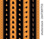 Striped Halloween Pattern with Halloween Elements. Seamless Holiday Background. Witch on Broom, Pumpkin in Witch Hat, Trees, Scary Houses, Bats, Ghost, Spider Web. Vector in Orange, Black