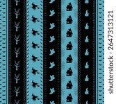 Striped Halloween Pattern with Halloween Elements. Seamless Holiday Background. Witch on Broom, Pumpkin in Witch Hat, Trees, Scary Houses, Bats, Ghost, Spider Web. Vector in Blue, Black