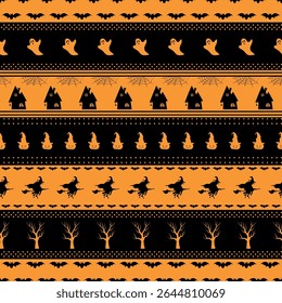 Striped Halloween Pattern with Halloween Elements. Seamless Holiday Background. Witch on Broom, Pumpkin in Witch Hat, Trees, Scary Houses, Bats, Ghost, Spider Web. Vector in Orange, Black