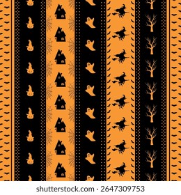 Striped Halloween Pattern with Halloween Elements. Seamless Holiday Background. Witch on Broom, Pumpkin in Witch Hat, Trees, Scary Houses, Bats, Ghost, Spider Web. Vector in Orange, Black