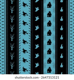 Striped Halloween Pattern with Halloween Elements. Seamless Holiday Background. Witch on Broom, Pumpkin in Witch Hat, Trees, Scary Houses, Bats, Ghost, Spider Web. Vector in Blue, Black