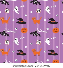 Striped Halloween pattern with festive icons and bright colors. Ghost, pumpkin, witch hat, and orange cat in seamless purple design.