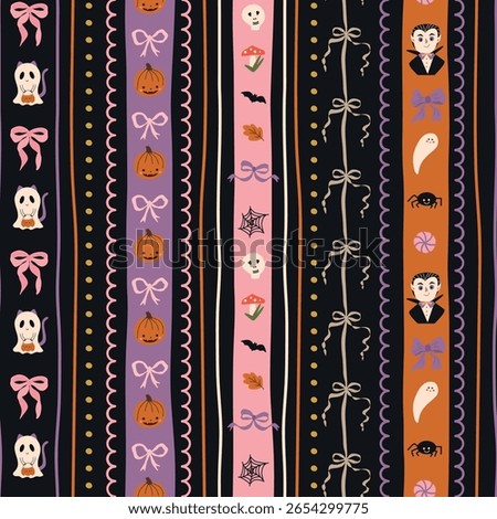 Striped Halloween seamless pattern decorated of cute ribbon, ghost, pumpkin, Dracula, skull, cartoon elements. Vector fabric, wrapping paper, textile design, wallpaper, background with vertical stripe