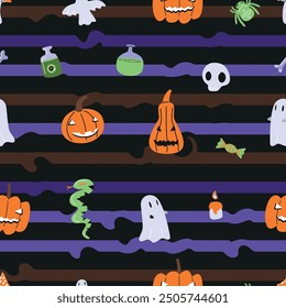 Striped halloween seamless pattern. Spooky background with ghosts, pumpkins, snake and skulls. 