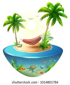 Striped hammock between palm trees on tropical island. Paradise beach vacation in Hawaii. Isolated on white 3d vector cartoon illustration