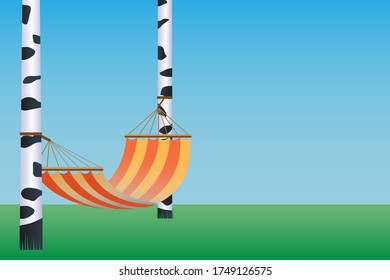 
A striped hammock between two birches. Background. Vector Illustration,