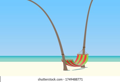 Una hamaca a rayas suspendida entre dos baúles en una playa soleada. Ilustración vectorial