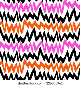 Striped  hand drawn pattern with zigzag lines with ethnic and tribal motifs in bright various colors white, black, pink, orange. Seamless vector for summer spring fashion