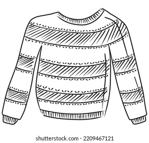 Striped hand knitted winter sweater unisex drawing isolated on white background. Hand drawn vector sketch illustration in simple doodle outline vintage engraved style. Autumn warm clothes